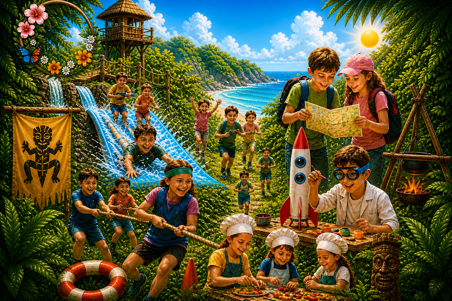 Groupe d’enfants participant à un stage Koh-Lanta Junior, jouant autour d’un totem dans un décor nature et aventure.