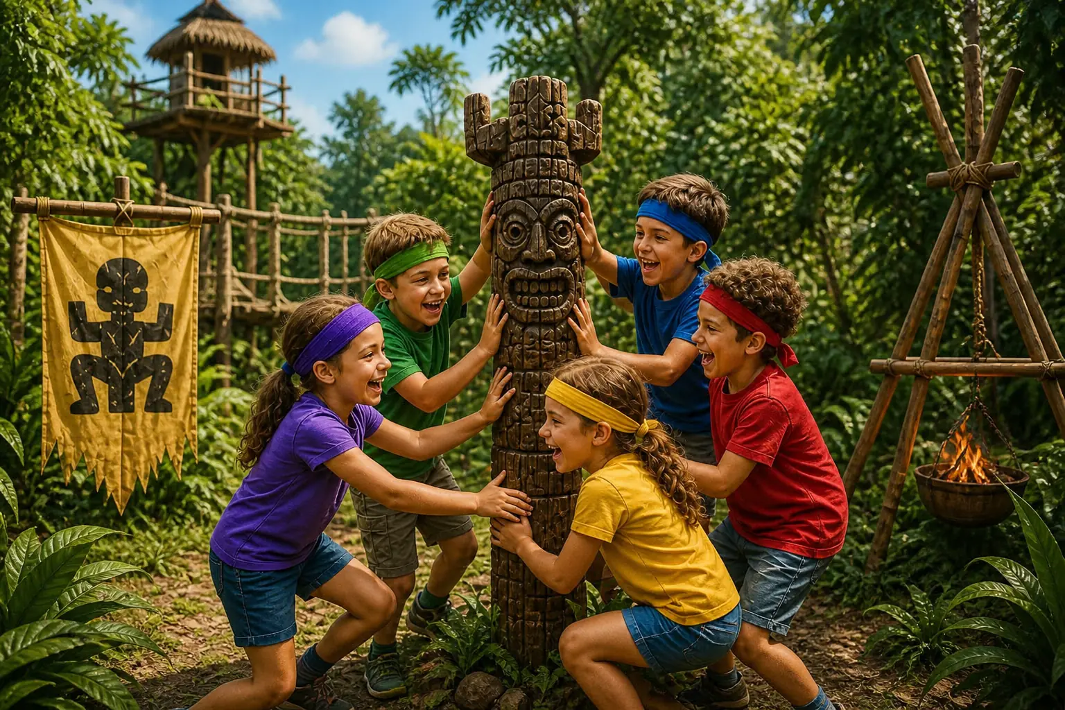 Groupe d’enfants participant à un stage Koh-Lanta Junior, jouant autour d’un totem dans un décor nature et aventure.